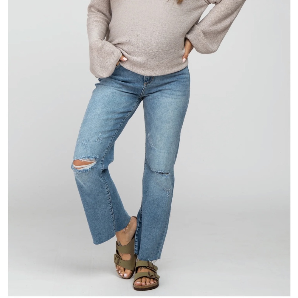 Blue Straight Leg Frayed Hem Maternity Jeans
